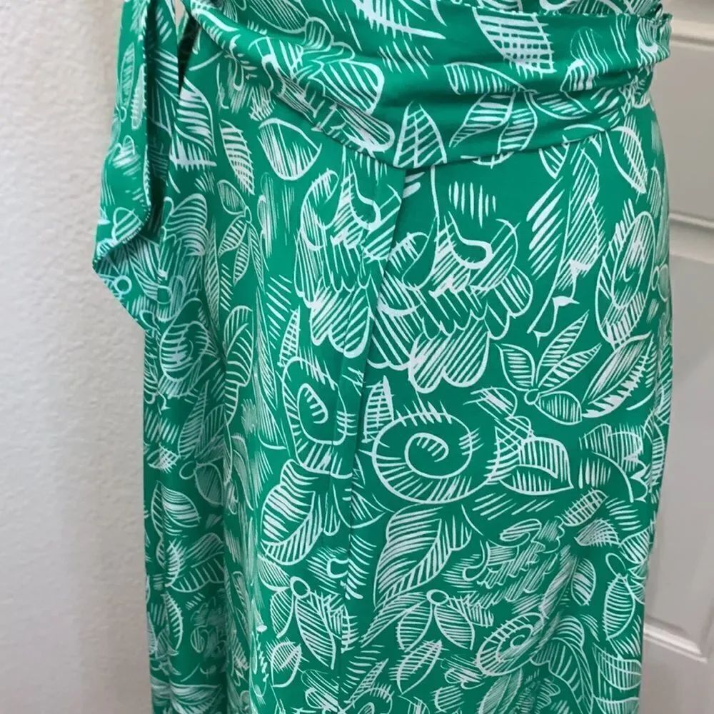 Silk Studio For Petites Size 4 💯% Silk Scoop Neck Sleeveless Green White Belted - Picture 6 of 13